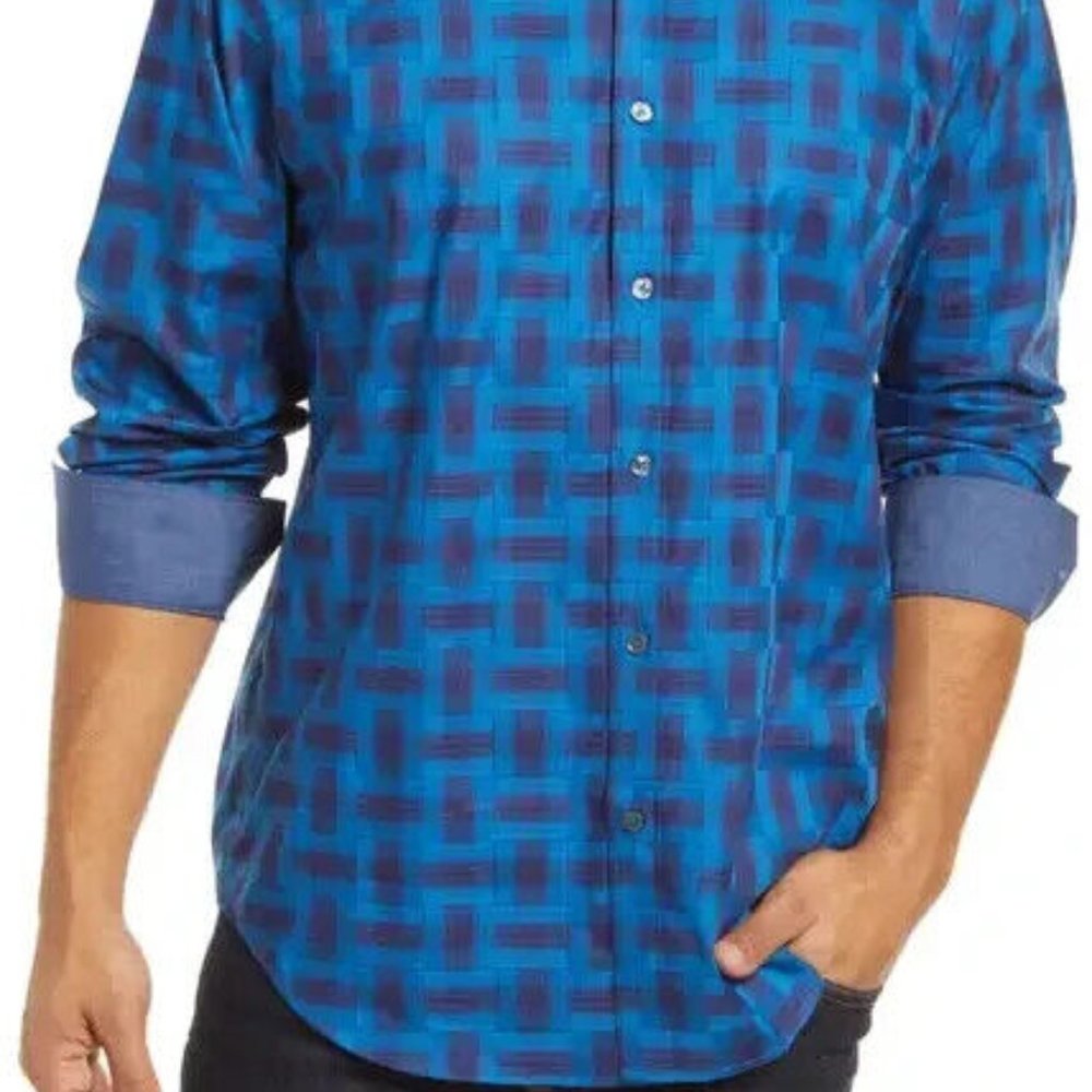 Bugatchi Long Sleeve Night Blue Plaid Classic Fit Button Down Shirt NWT XXL